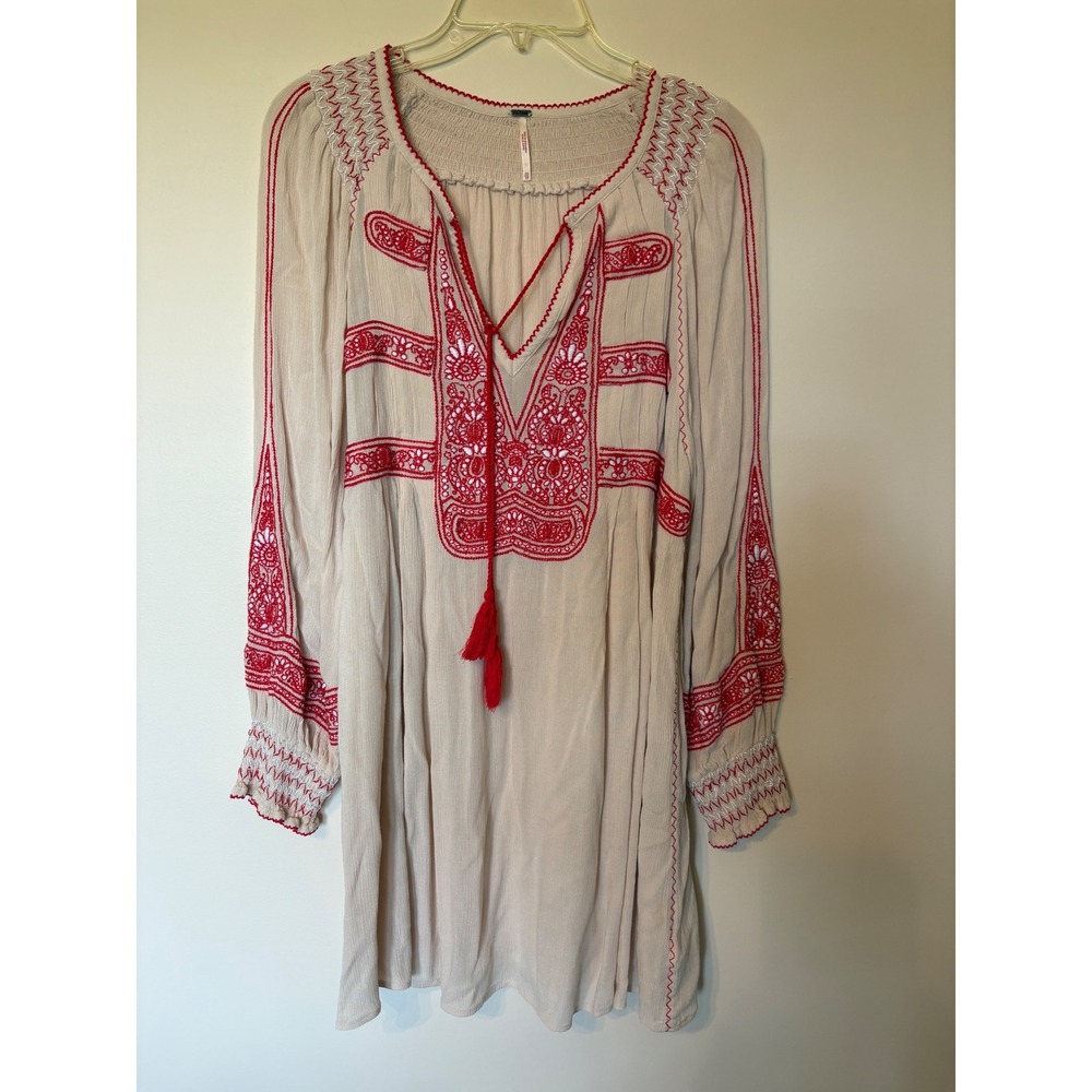 Free People Boho Embroidered Mini Dress Cream Red Tassel XS Peasant Gauze